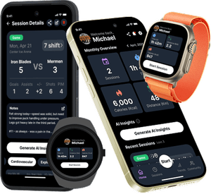 Hockey stats app for iPhone and Android - HPT performance tracker showing shift metrics, heart rate, speed analytics and AI coaching insights