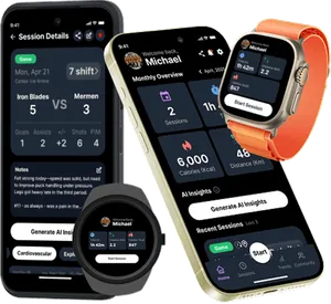 Hockey stats app for iPhone and Android - HPT performance tracker showing shift metrics, heart rate, speed analytics and AI coaching insights