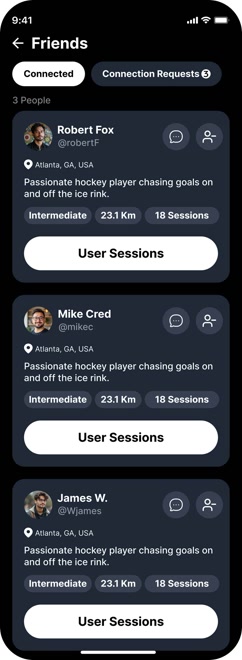HPT friends list showing connected teammates with ability to view shared performance data and send direct messages