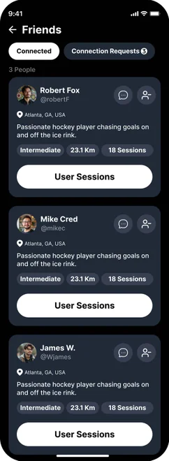 HPT friends list showing connected teammates with ability to view shared performance data and send direct messages