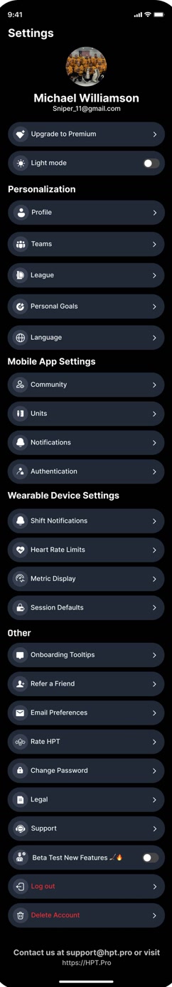 HPT settings menu with options for shift alerts at 45 seconds, metric units, privacy controls, and Apple Watch integration preferences
