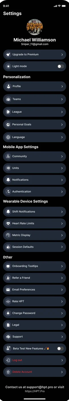 HPT settings menu with options for shift alerts at 45 seconds, metric units, privacy controls, and Apple Watch integration preferences