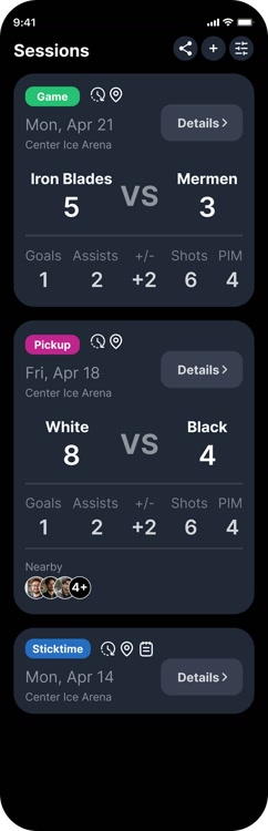 HPT sessions list showing game results with 2 goals, 1 assist, 45-second average shift time, and cardiovascular performance zones