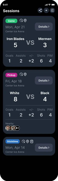 HPT sessions list showing game results with 2 goals, 1 assist, 45-second average shift time, and cardiovascular performance zones