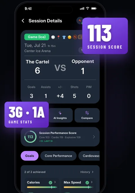App Store slide of HPT's session screen with a scored game, game stats and a session score callout