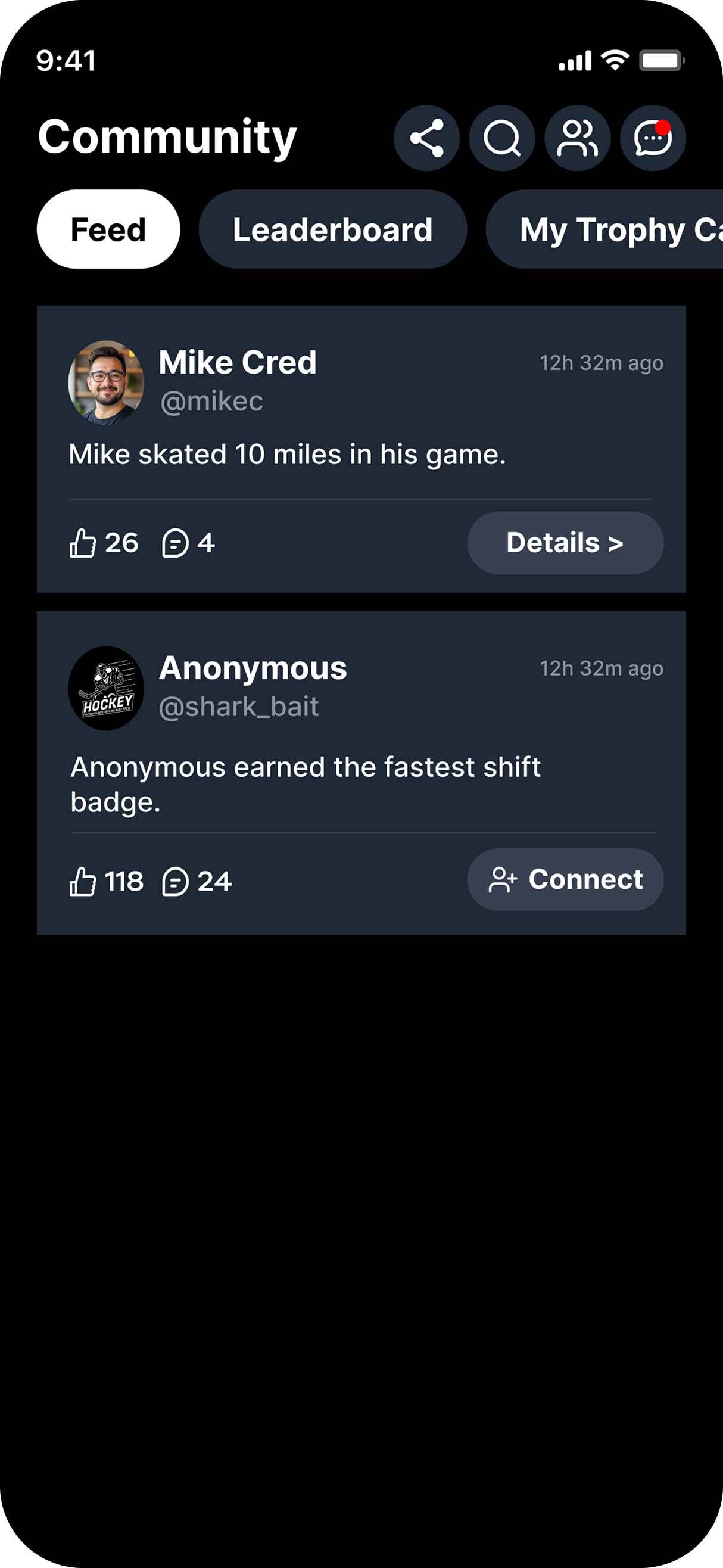 HPT community feed displaying teammates' recent sessions with likes, comments, and performance achievements in real-time